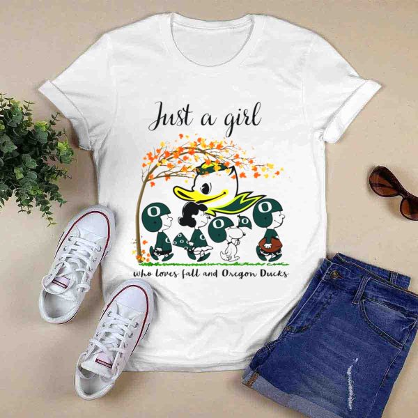 Just a Girl Who Loves Fall and Oregon Ducks Peanuts Cartoon T Shirt 0