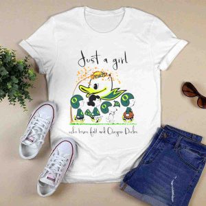 Just A Girl Who Loves Fall And Oregon Ducks Peanuts Characters T-Shirt
