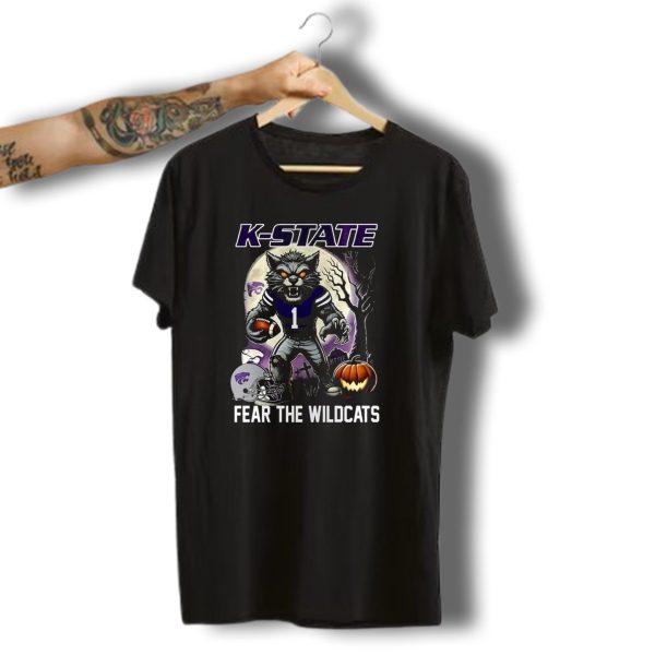 K State Wildcats Halloween Football Fear The Wildcats With Ferocious Wolf And Pumpkin T Shirt t shirt 1