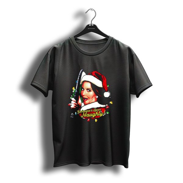 Karen Walker Someones Been Naughty Christmas Santa Whip Lights T Shirt t shirt 1