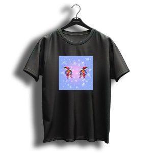 Kawaii Christmas Kitty Cat And Girl Santa Hats Snowflakes Blue Background T Shirt