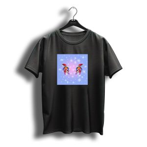 Kawaii Christmas Kitty Cat And Girl Santa Hats Snowflakes Blue Background T-Shirt