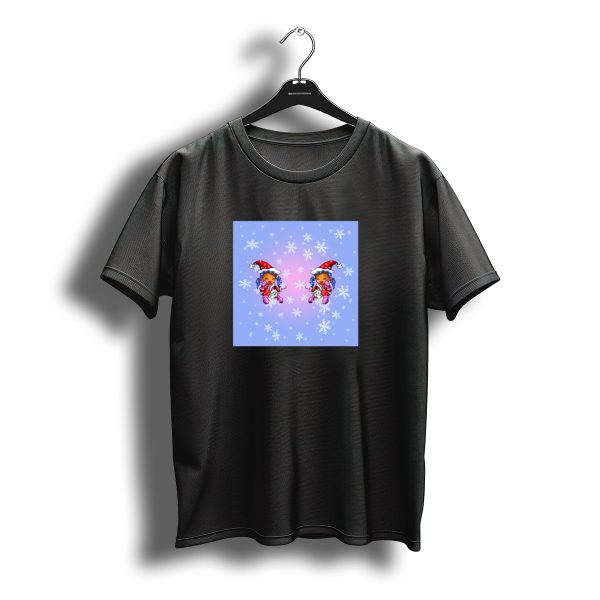 Kawaii Christmas Kitty Cat And Girl Santa Hats Snowflakes Blue Background T Shirt t shirt 1