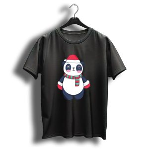 Kawaii Christmas Panda With Santa Hat And Striped Scarf T Shirt