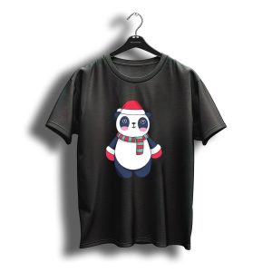 Kawaii Christmas Panda With Santa Hat And Striped Scarf T-Shirt