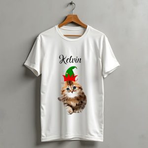 Kelvin Cat Wearing Elf Hat Merry Christmas Custom Name T-Shirt