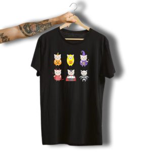 Kids Halloween Cats In Cute Pumpkin Witch And Vampire Costumes T-Shirt