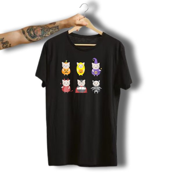 Kids Halloween Cats In Cute Pumpkin Witch And Vampire Costumes T Shirt t shirt 1