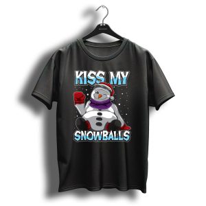 Kiss My Snowballs Funny Xmas Pun Christmas Snowman With Santa Hat And Purple Scarf T-Shirt