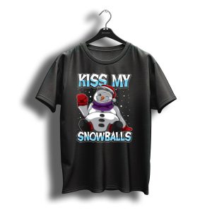Kiss My Snowballs Funny Xmas Pun Christmas Snowman With Santa Hat T-Shirt