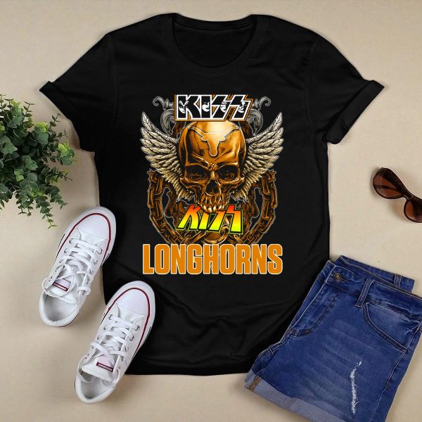 Kiss Texas Longhorns Skull with Wings and Chains T Shirt Style 1 Black 1