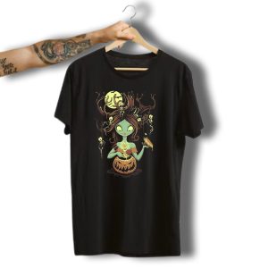 Knotty Nightmare Halloween Witch With Skeleton Hair And Glowing Jack O Lantern T-Shirt