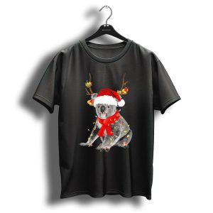 Koala Bear With Santa Hat And Christmas Lights Wrapped In Festive Antlers T Shirt