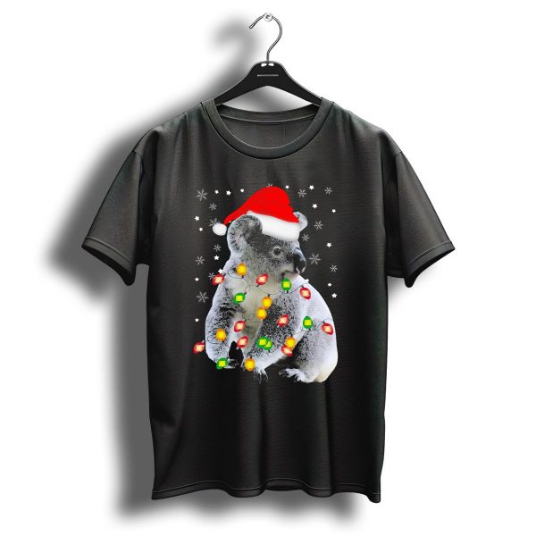 Koala Wearing Santa Hat With Colorful Christmas Lights And Snowflakes T Shirt 1 t shirt 1