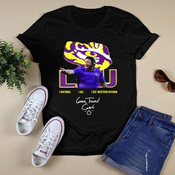 LSU Coach Ed Orgeron Geaux Tigers 1 National 1 SEC 1 SEC Western Division T Shirt Black 1