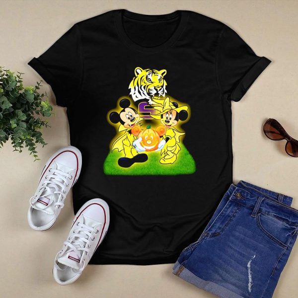 LSU Football Halloween Mickey and Minnie with Pumpkin Tiger T Shirt Black 1
