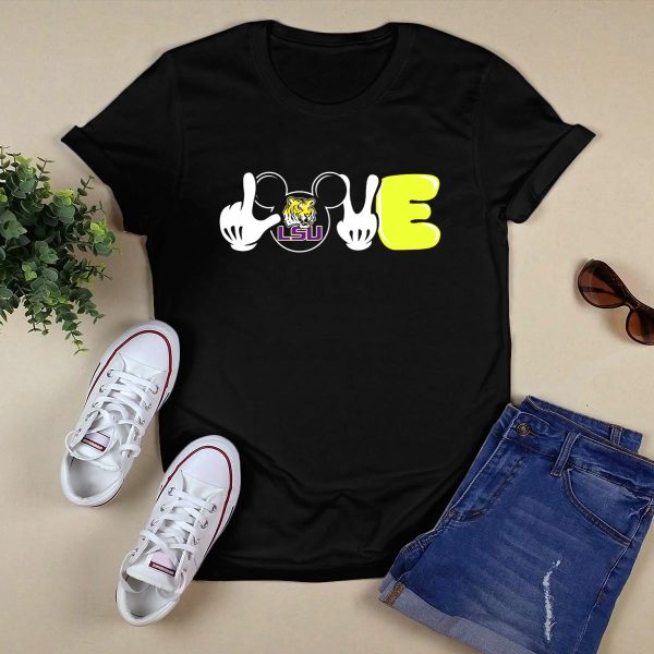 LSU Football Love with Tiger and Mickey Hands T Shirt Black 1
