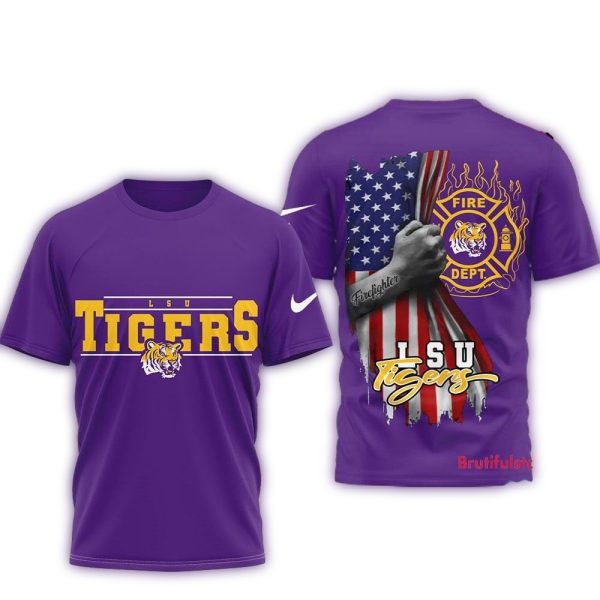 LSU Tigers 2025 NCAA Firefighter American Flag 3D Shirt 1