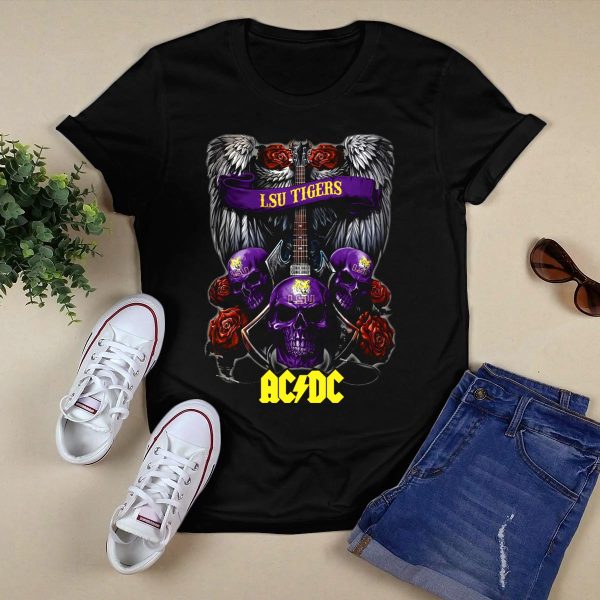 LSU Tigers ACDC Skull Guitar Wings Roses T Shirt Black 1