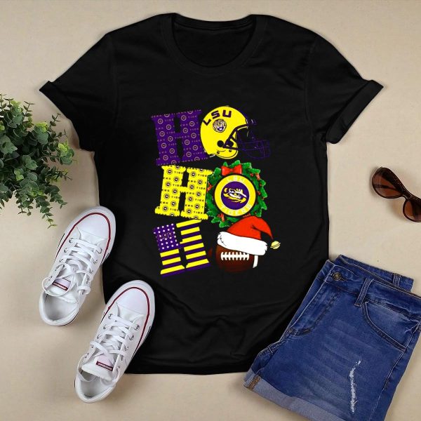 LSU Tigers Christmas Helmet Wreath Football Ho Ho Ho T Shirt Black 1