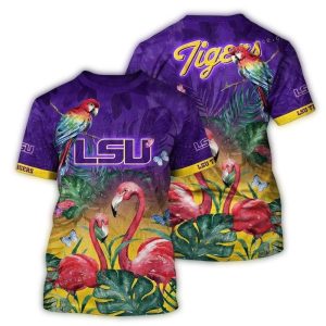 Lsu Tigers Flamingo And Parrot Art All-Over Print T-Shirt