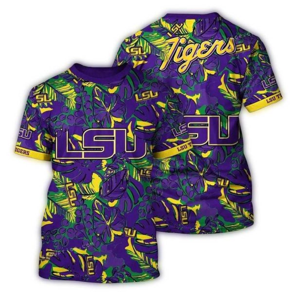 LSU Tigers Floral Leafs Pattern Vintage AOP T Shirt 1