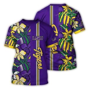 Lsu Tigers Floral Leafs Stripe Vintage All-Over Print T-Shirt