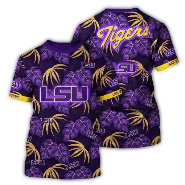 LSU Tigers Floral Leafs Vintage Pattern AOP T Shirt 1