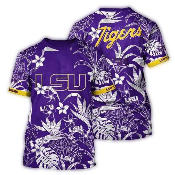LSU Tigers Floral Leafs Vintage Purple AOP T Shirt 1