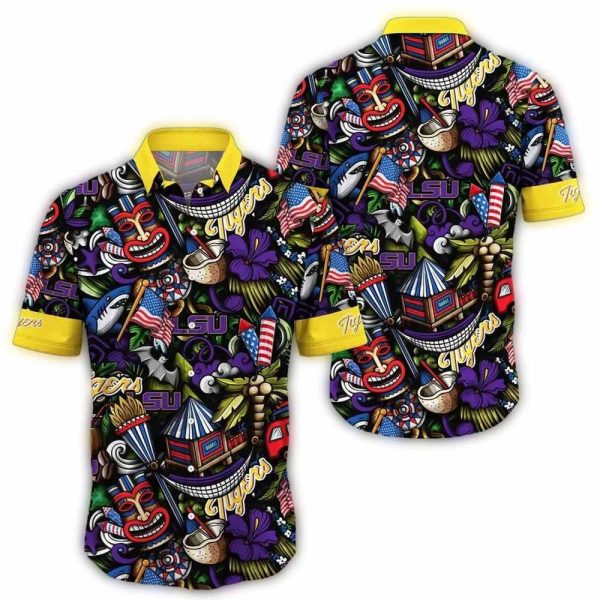 LSU Tigers Floral Tiki Shark Coconut Pattern Hawaiian Shirt 1