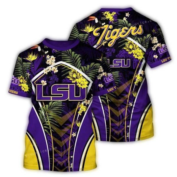LSU Tigers Floral and Parrot Pattern AOP T Shirt 1