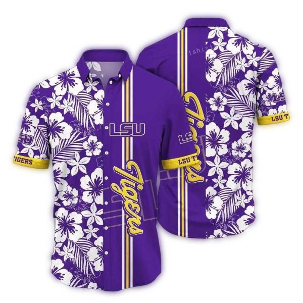 LSU Tigers Flower Stripe Purple and White Hawaiian Shirt 1