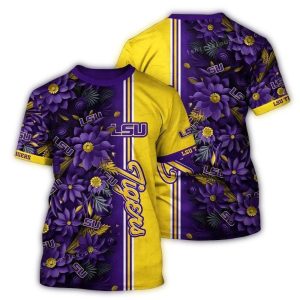 Lsu Tigers Flower Stripe Purple And Yellow All-Over Print T-Shirt