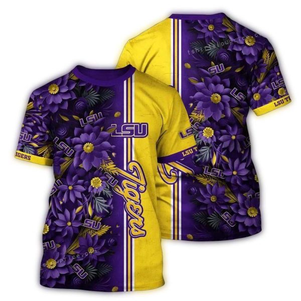 LSU Tigers Flower Stripe Purple and Yellow AOP T Shirt 1