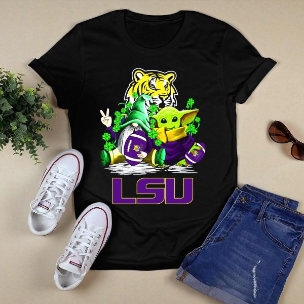 LSU Tigers Football St Patricks Day Gnome and Baby Alien with Shamrocks T Shirt Black 1