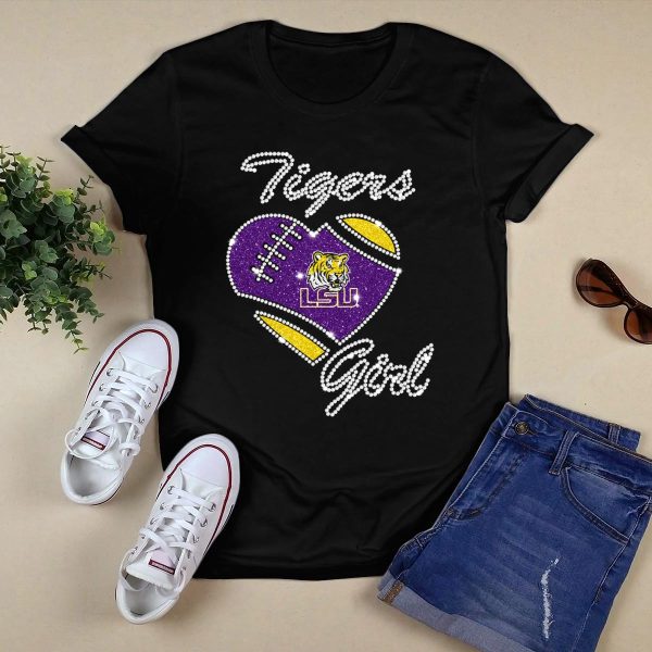 LSU Tigers Girl Heart Football Sparkle Design DNTee25 T Shirt Black 1