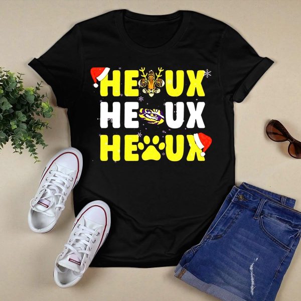 LSU Tigers Heaux Heaux Heaux Christmas Paw Snowflakes Antlers Santa Hat T Shirt Black 1