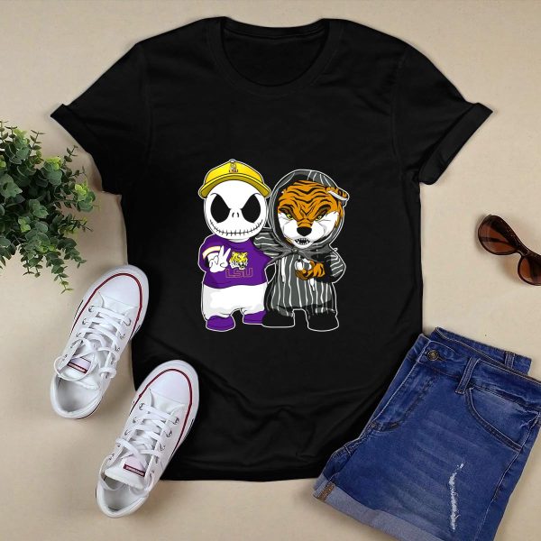 LSU Tigers Jack Skellington and Tiger Mascot Crossover T Shirt Black 1