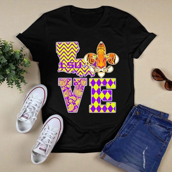 LSU Tigers Love Fleur De Lis Louisiana Purple Gold Chevron Paisley Harlequin T Shirt Black 1