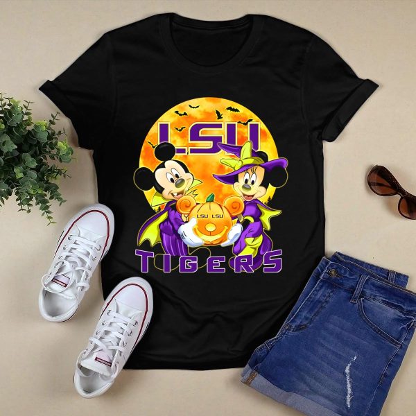 LSU Tigers Mickey Mouse and Minnie Mouse Halloween Pumpkin T Shirt Black 1