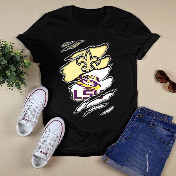 LSU Tigers New Orleans Saints Fleur de Lis Claw Marks T Shirt Black 1