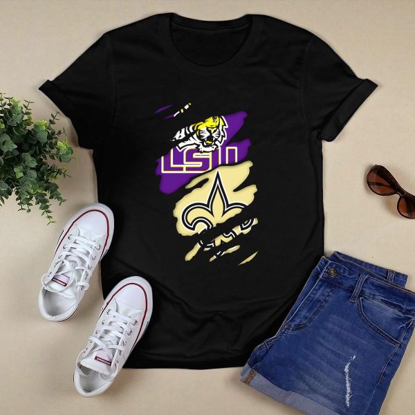LSU Tigers New Orleans Saints Fleur de Lis Torn T Shirt Black 1