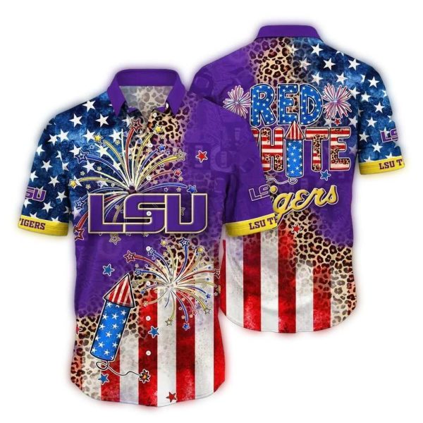 LSU Tigers Red White Firework for 4th Of July Hawaiian Shirt 1