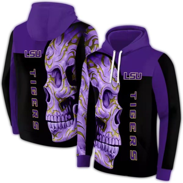LSU Tigers Skull Motif Purple Black AOP Hoodie 1
