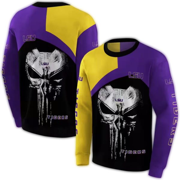 LSU Tigers Skull Punisher Purple Black and Yellow AOP Sweatshirt 1