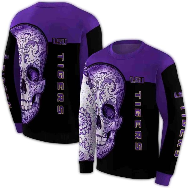LSU Tigers Sugar Skull Purple Black AOP Sweatshirt 1
