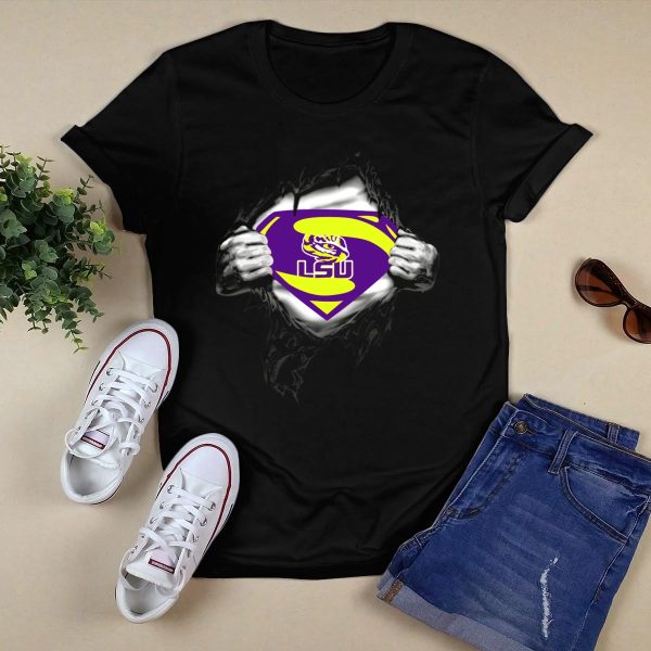 LSU Tigers Superman Logo with Hands Ripping Purple T Shirt Black 1