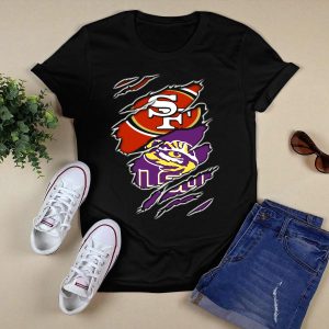 Lsu Tigers And San Francisco 49Ers Logos On Torn Background T-Shirt