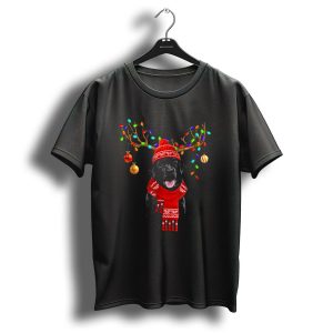 Lab Wearing Red Scarf And Knit Hat With Reindeer Antlers And Christmas Lights T Shirt