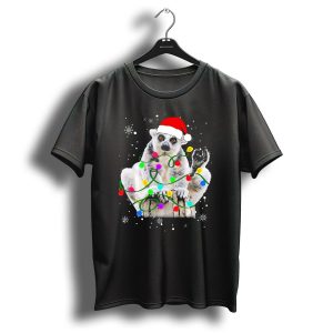 Lemur With Santa Hat And Colorful Christmas Lights Surrounded By Snowflakes T Shirt